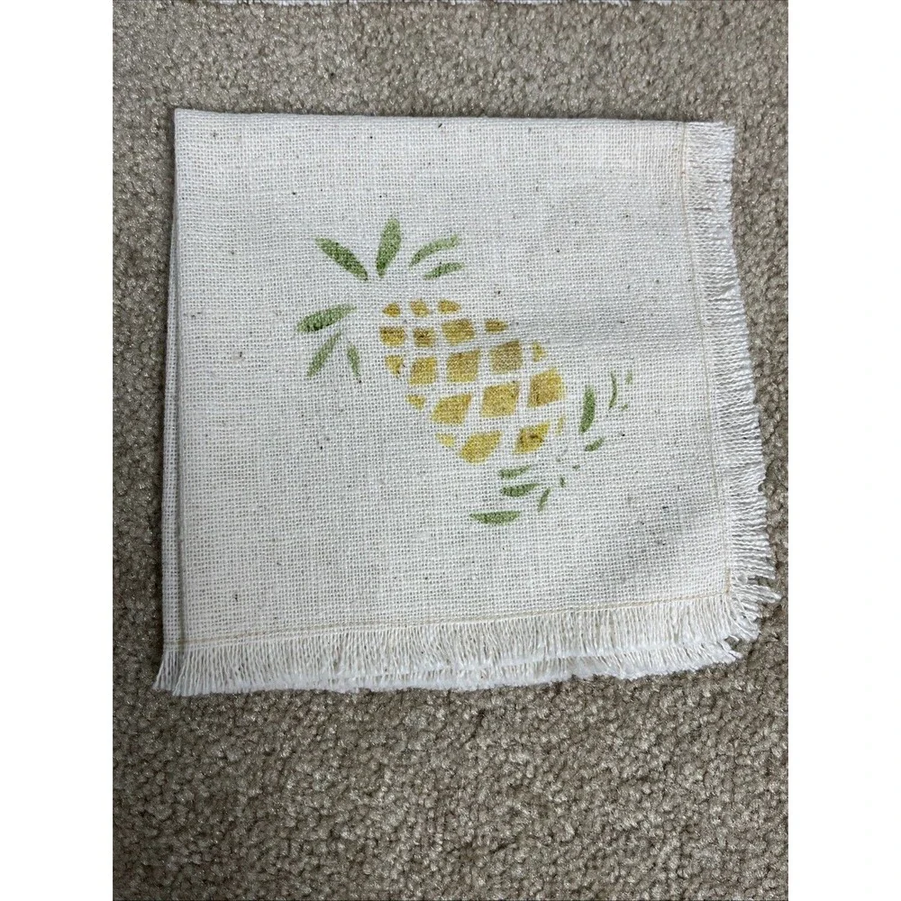 6 VTG Cocktail Napkins 13x13” Beige Stenciled‎ Pineapple Cotton Linen Fringe